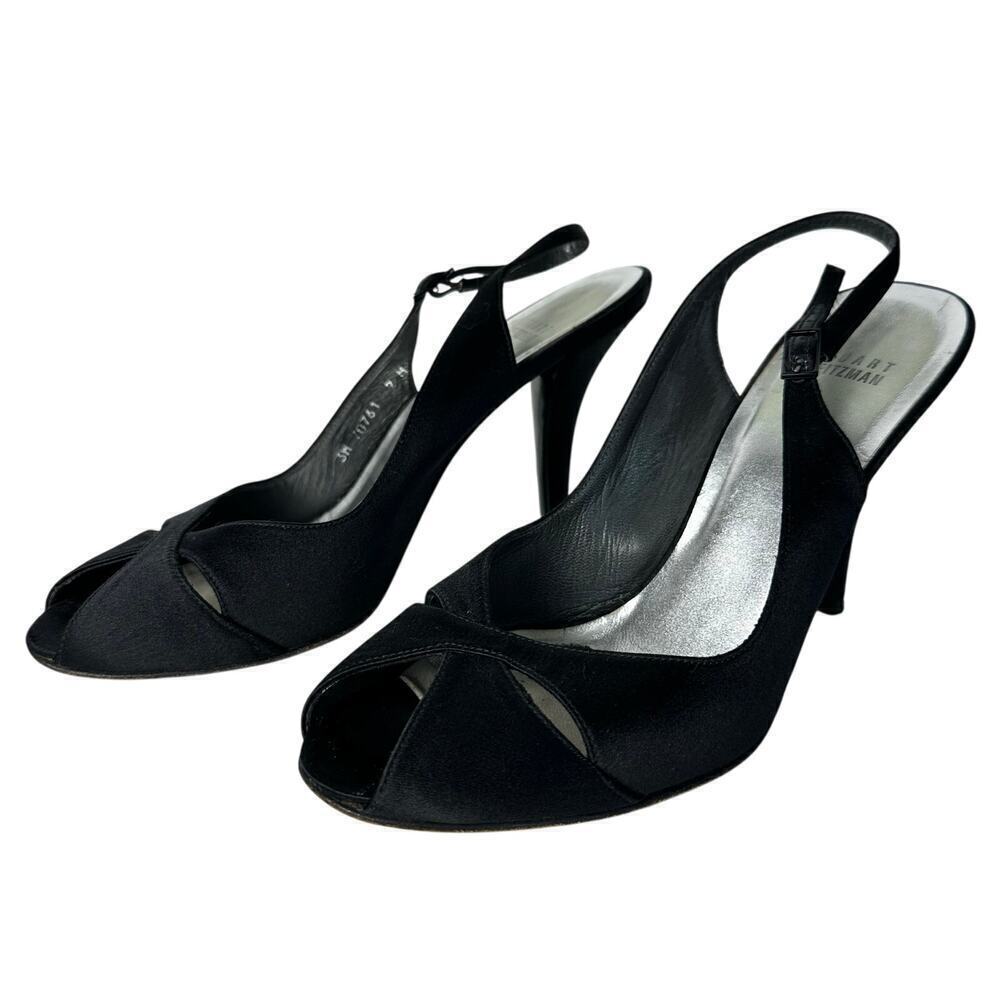 Stuart Weitzman Heels Slingback Satin Open Toe Pumps Stiletto Shoes Black 9